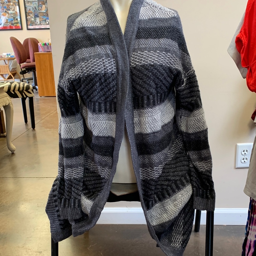 new directions Gray Striped Open-Front Long Women's Cardigan